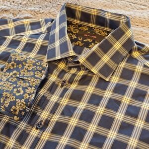 Sand Copenhagen Mens Plaid Button Up Shirt Navy Gold‎ Floral Contrast Size 41 L